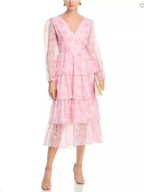 Amanda Tiered Ruffled Chiffon Dress Pink Tiered V-Neck Long Sleeve Dress